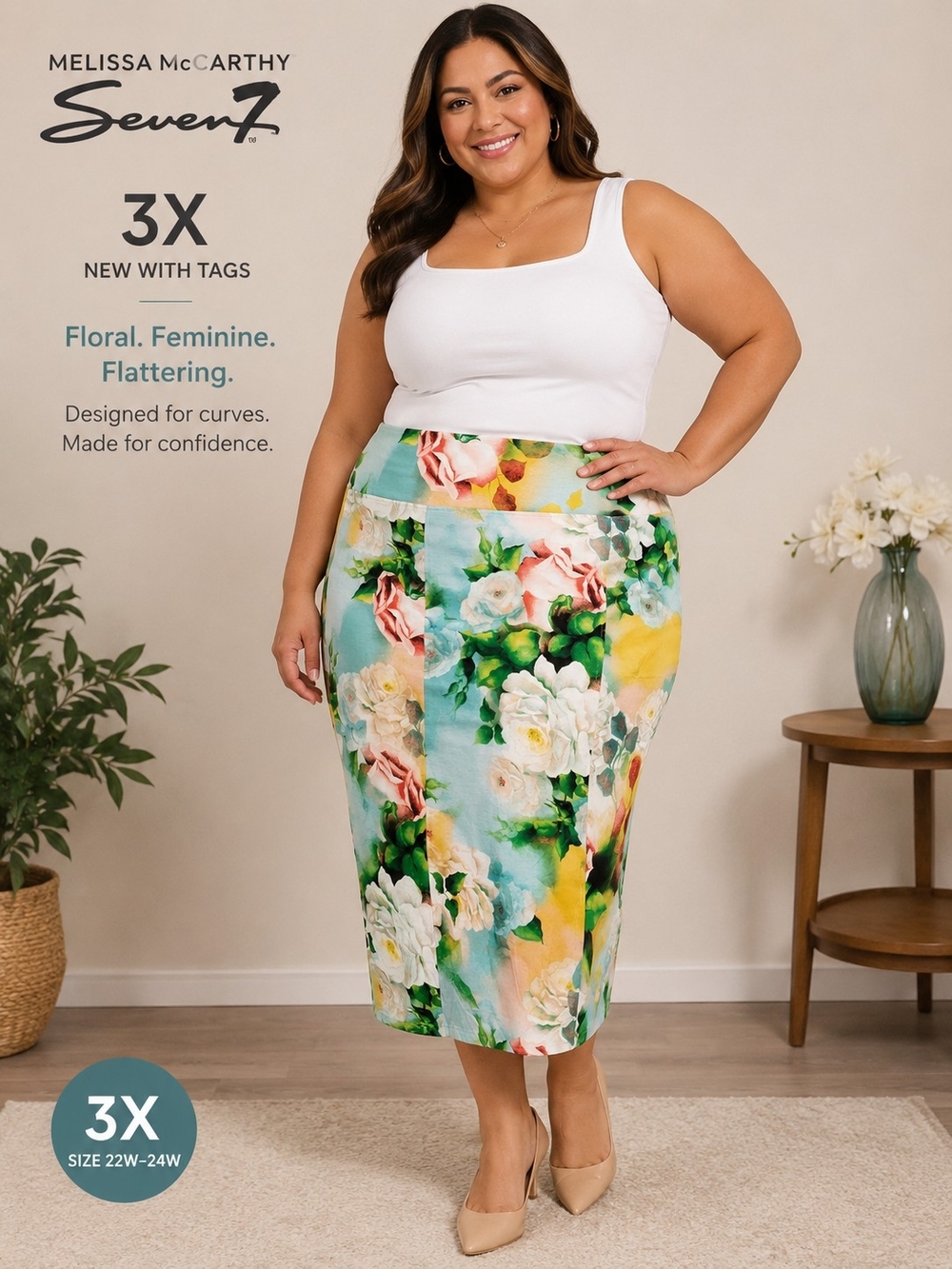 Melissa McCarthy Seven7 White Floral Pencil Skirt - Plus Size 3X
